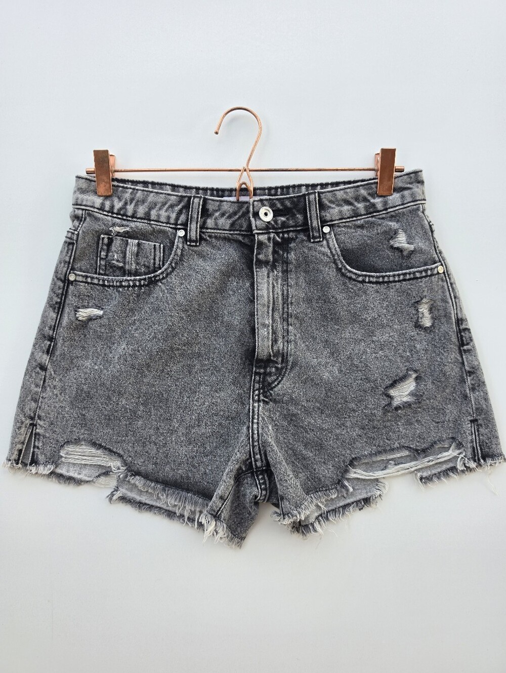 Zara High Rise Washed Black Distressed Cutoff Denim Short